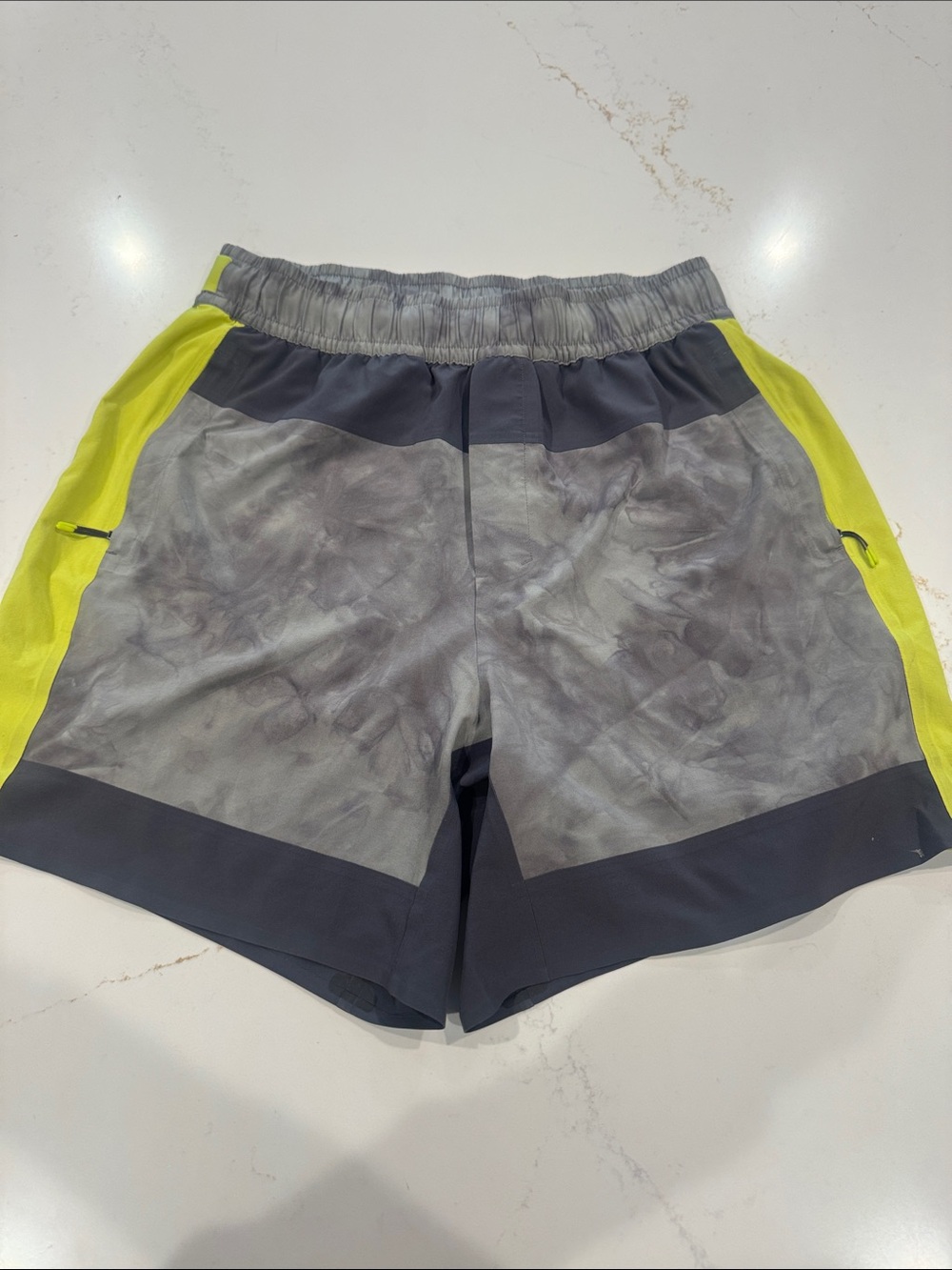 Lululemon Lab Robert Geller Gray Tie-Dye Athletic Shorts with Neon Yellow Panels